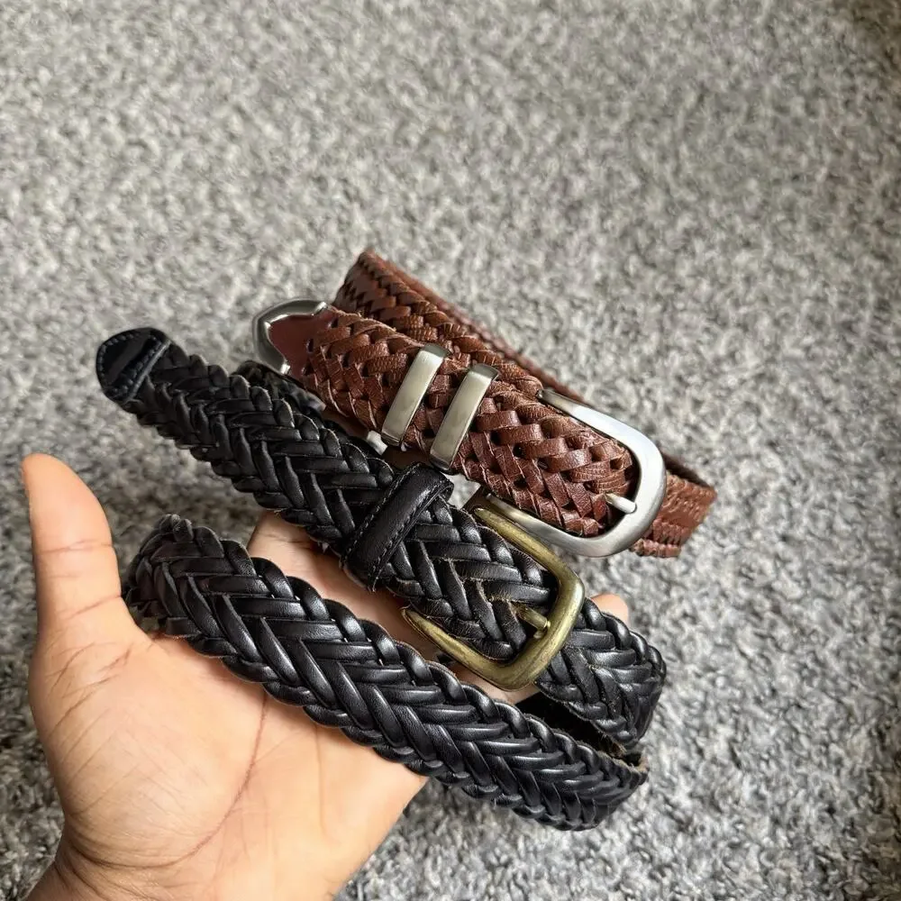 Vtg Brown Black Braided Belt Lot Woven Leather Belt Gold Silver Plate Buckle 42